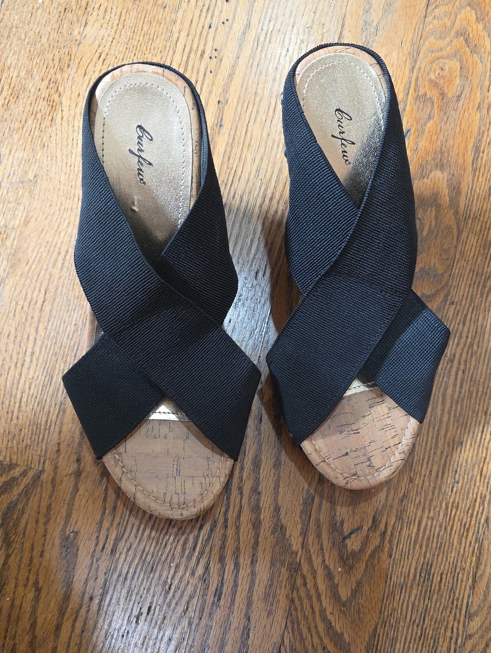 Curfew Black Crisscross Cork Wedge Mules